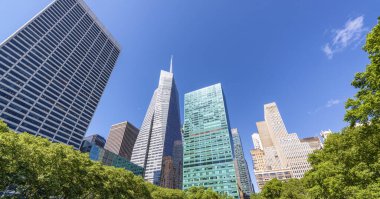 Manhattan gökdelenleri Bryant Park ağaçları tarafından çerçevelenmiş, New York City.