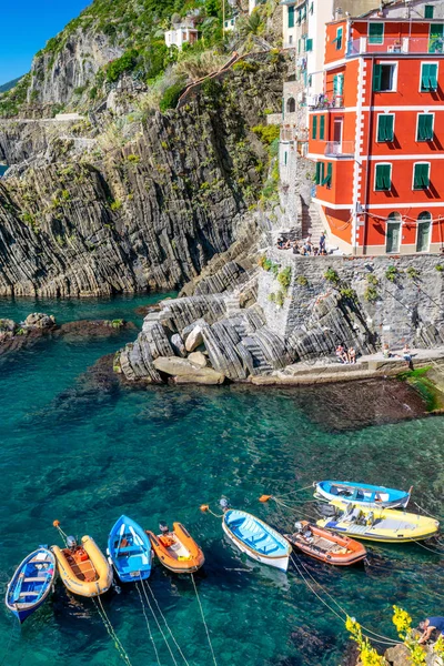 Barcos Casas Riomaggiore Port Five Lands Italia —  Fotos de Stock