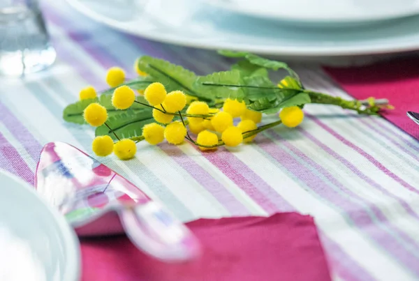テーブルの上の皿側にミモザの花 女性の日のシンボル — ストック写真
