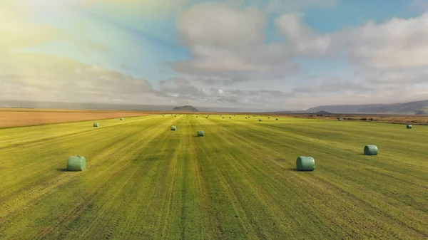 Aerial View Iceland Meadows Hay Bales Summer Season — Stock Photo, Image