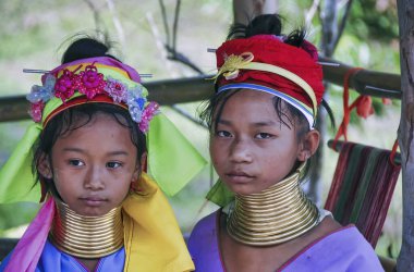 CHIANG MAI, THAILAND - 2008: Kayan yerli etnik grubu olarak da bilinen geleneksel tepe köyündeki kimliği belirsiz Karen Long Neck genç kızları.