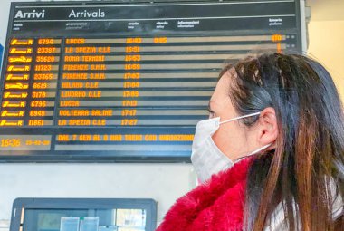 Coronavirus salgını acil durumu. İtalya 'da tren saatinin önünde maske takan bir kadın..
