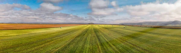 Vista Aérea Incrível Belos Fardos Feno Prado Verde — Fotografia de Stock