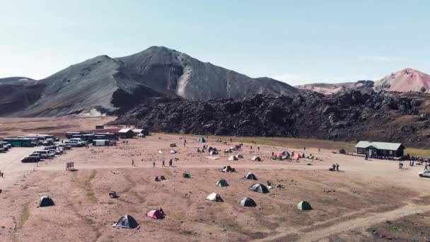 Landmannalaugar Iceland Aerial View Mountains Camping — Stock Video