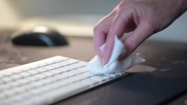 Woman Cleaning Computer Keyboard Soft Cloth Coronavirus Prevention Home Disinfection — Stock Video