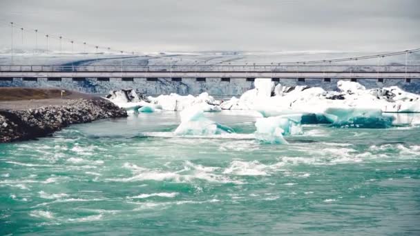 아이슬란드의 사라론 석호입니다 여름철 해변에 빙산의 움직임 — 비디오