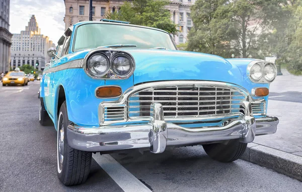 Oldtimer Kariertes Blaues Taxi New York City Straßenverkehr Manhattan — Stockfoto