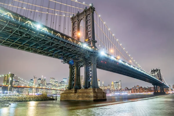 Manhattan Brooklyn Köprüsü Nün Muhteşem Gece Manzarası Gece Kış Sezonu — Stok fotoğraf