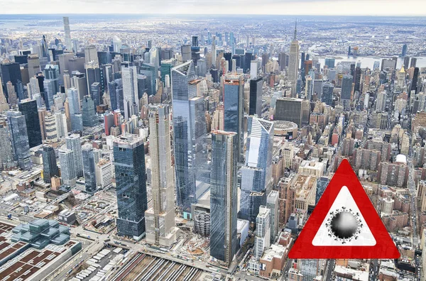 New York City Usa Konceptbild Med Stor Röd Coronavirus Varningsskylt — Stockfoto