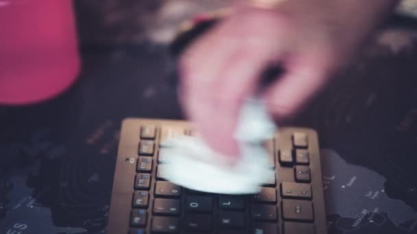 Woman Cleaning Computer Keyboard Soft Cloth Coronavirus Prevention Home Disinfection — Stock Video