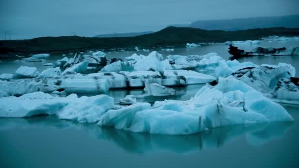 Laguna Jokulsarlon Islandia Góry Lodowe Poruszające Się Nocy Widok Panoramiczny — Wideo stockowe