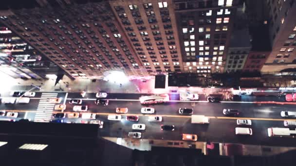 Aerial Overhead Blurred View Manhattan Night Traffic Firefighters Truck Slow — Stock Video