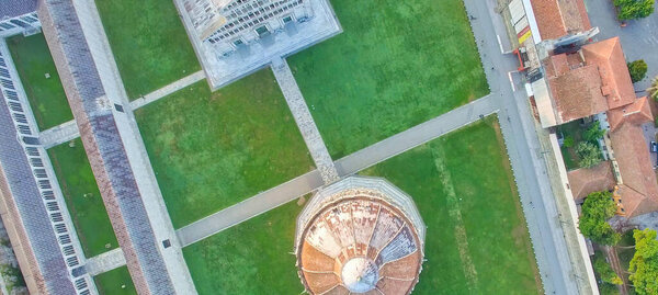 Amazing aerial view of Field of Miracles, famous square of Pisa, Tuscany, Italy.