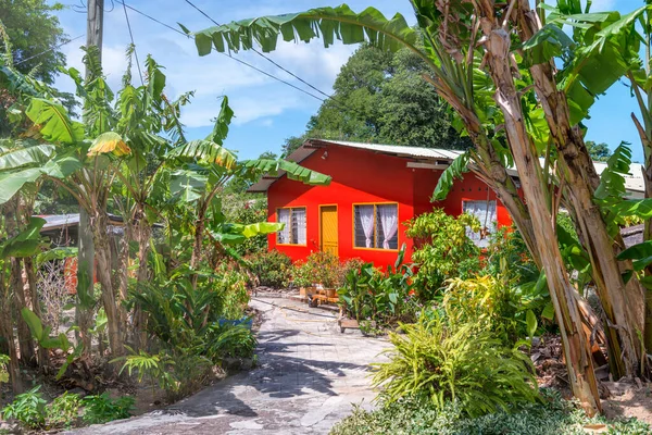 美しい熱帯の歩道に沿って赤い家 休暇と休暇のコンセプト — ストック写真