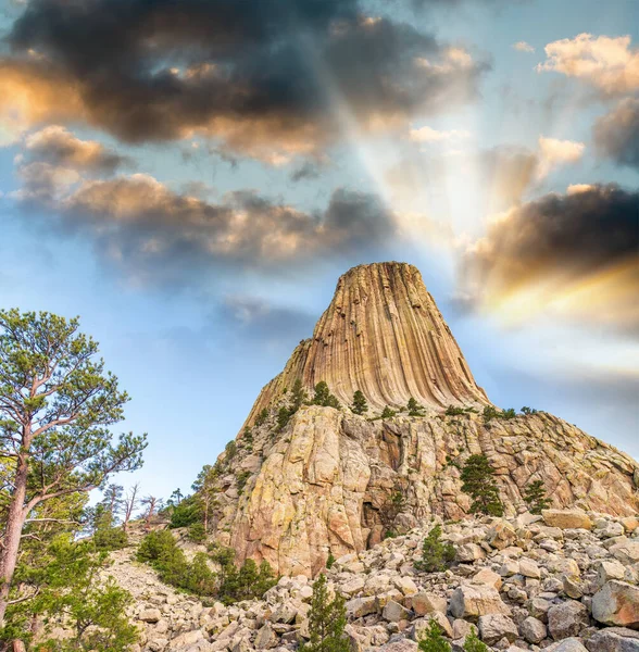 Západ Slunce Pohled Ďáblovu Věž Okolní Přírodní Krajinu Wyoming — Stock fotografie