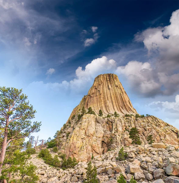 Vista Pôr Sol Torre Diabo Paisagem Natural Circundante Wyoming — Fotografia de Stock