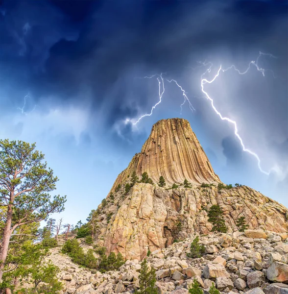 Vista Atardecer Torre Del Diablo Paisaje Natural Circundante Wyoming — Foto de Stock