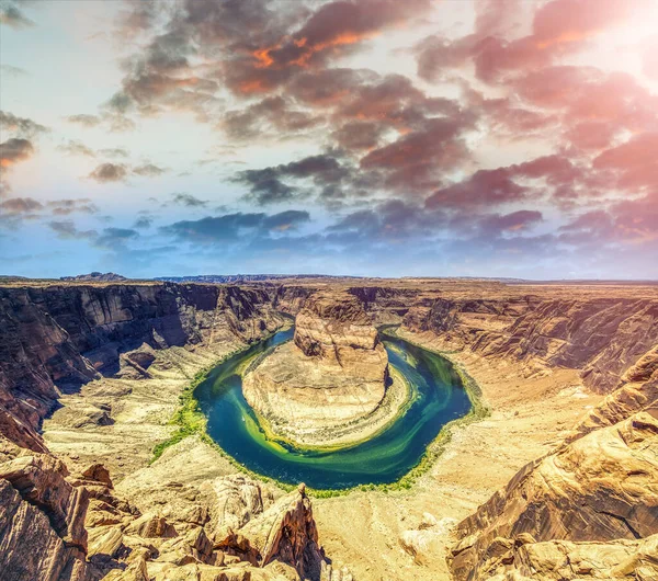 Sunset Horseshoe Bend Panoramic Aerial Wide Angle View — Stock Photo, Image