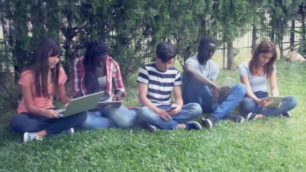 Cinq étudiants assis par terre. Ils apprennent ensemble.. — Video