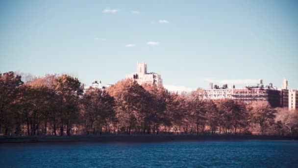 Central Park Lake en stadsgebouwen op een zonnige winterdag, Manhattan, New York City, Verenigde Staten, slow motion — Stockvideo