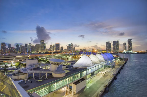 Sunset Miami Port Florida View City Departing Cruise Ship — Stock Photo, Image