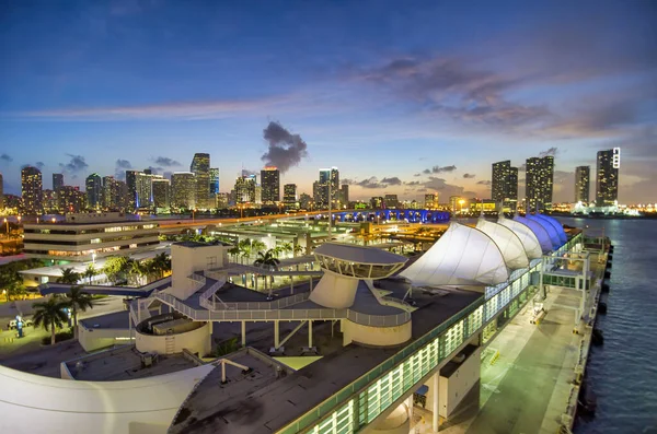 Downtown Miami night aerial view from departing cruise ship.