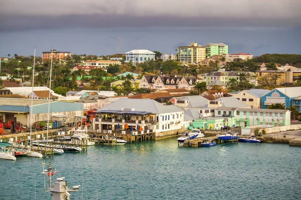 Pohled Západ Slunce Panorama Nassau Bahamy Výletní Lodi — Stock fotografie