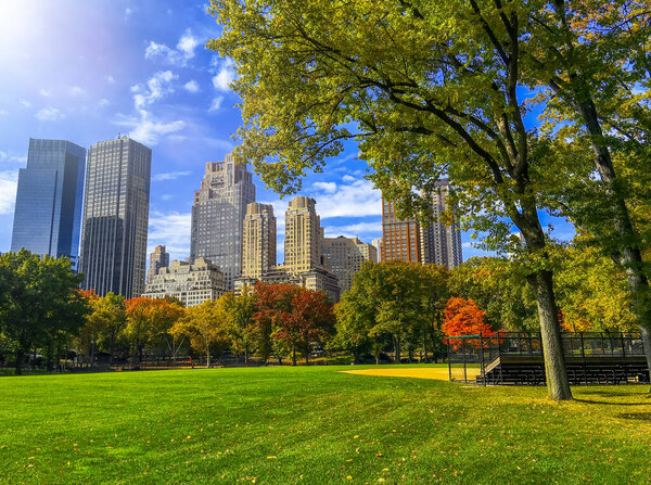 Amazing view of Central Park and city skyscrapers in autumn, New York City.