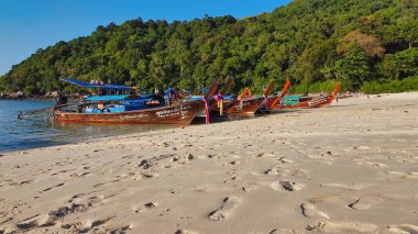 PHI PHI DON, THAILAND - 24 ARALIK 2019: Loh Lana Bay Beach 'te gün batımında Uzun Kuyruklu Tekneler.