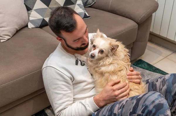 Chico Feliz Sentado Sofá Mirando Perro —  Fotos de Stock