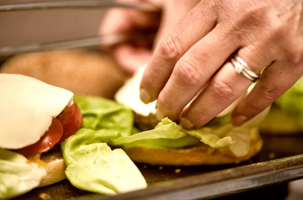 Preparing Fresh Tasty Cheese Burgers Closeup Woman Hands — Stock Photo, Image