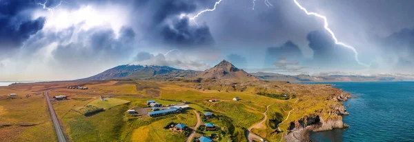 Storm Över Arnarstapis Kust Panoramautsikt Över Luften — Stockfoto