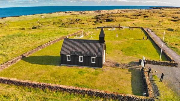 Budavegur Zachodnia Islandia Widok Lotu Ptaka Słynnego Czarnego Kościoła Budir — Zdjęcie stockowe