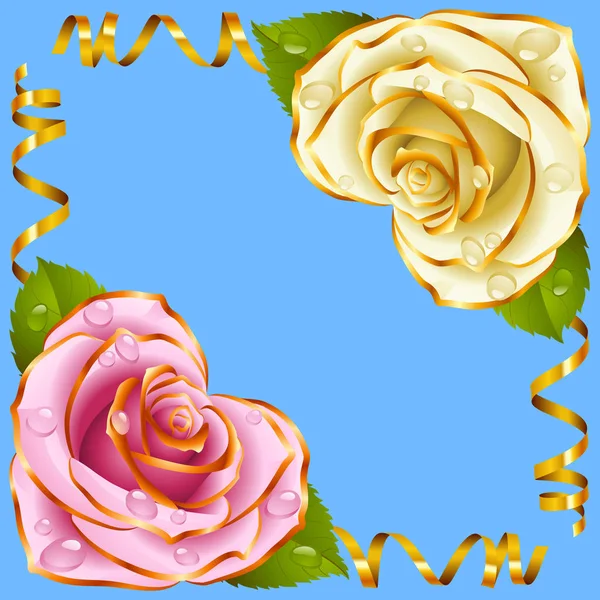Βινιέτα γωνία διανύσματος. Ροζ και λευκό τριαντάφυλλο και χρυσές κορδέλες — Διανυσματικό Αρχείο
