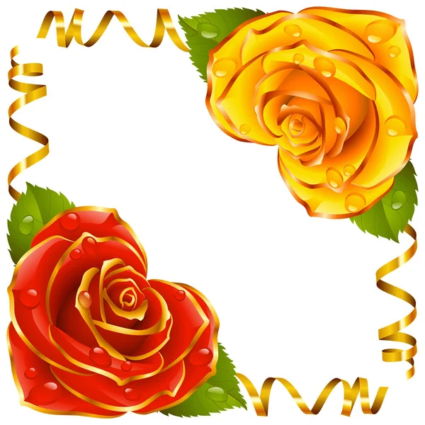 Vector Corner vignette. Red and Yellow Rose and Golden Ribbons — Stock Vector