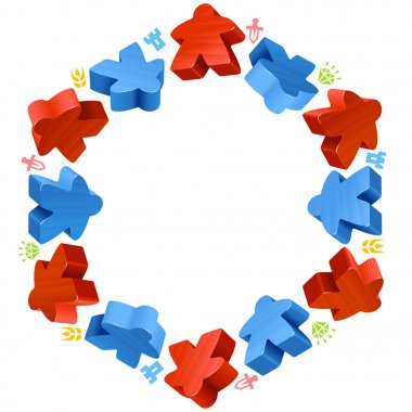 Kırmızı ve mavi meeples altıgen çerçeve