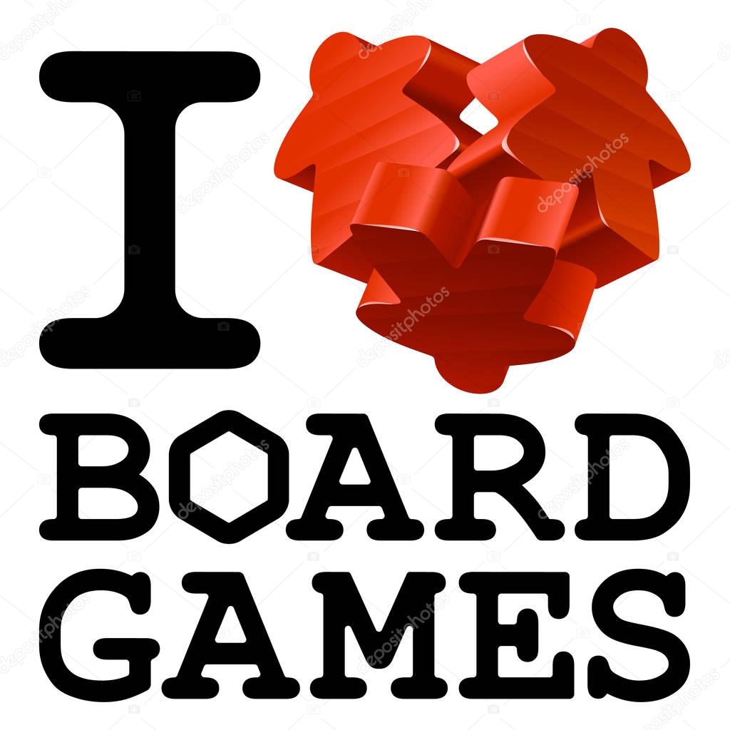 Vector red meeples in the shape of heart. Wooden game pieces isolated on white background. I Love Board Games concept for t-shirt printing