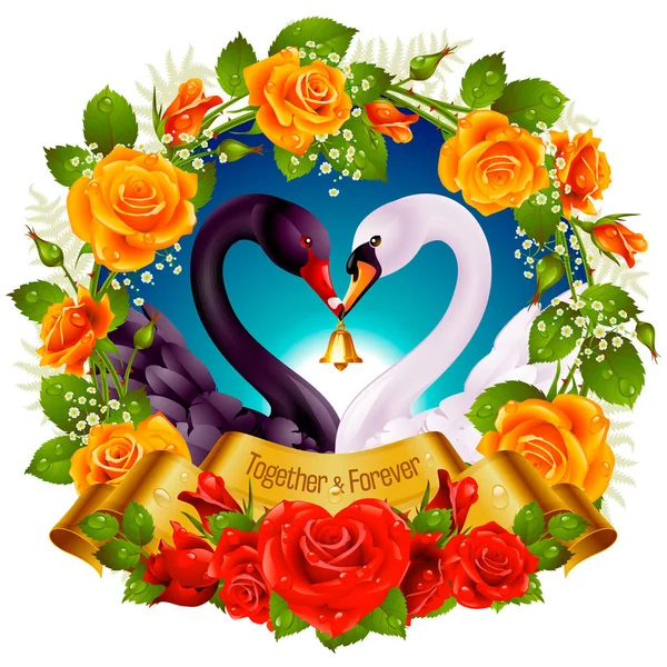 Couronne vectorielle de roses, cygnes couples, ruban et fond aube . — Image vectorielle