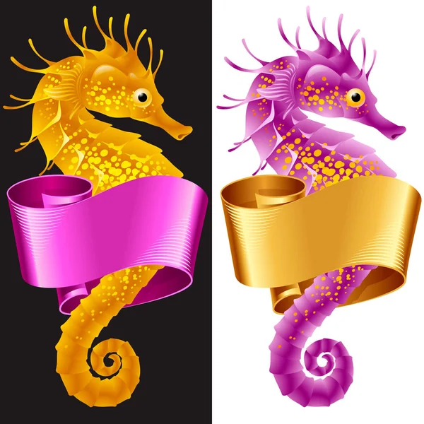 Vector Thorny Seahorse is Wrapped in Swirl Ribbon. — Stock Vector