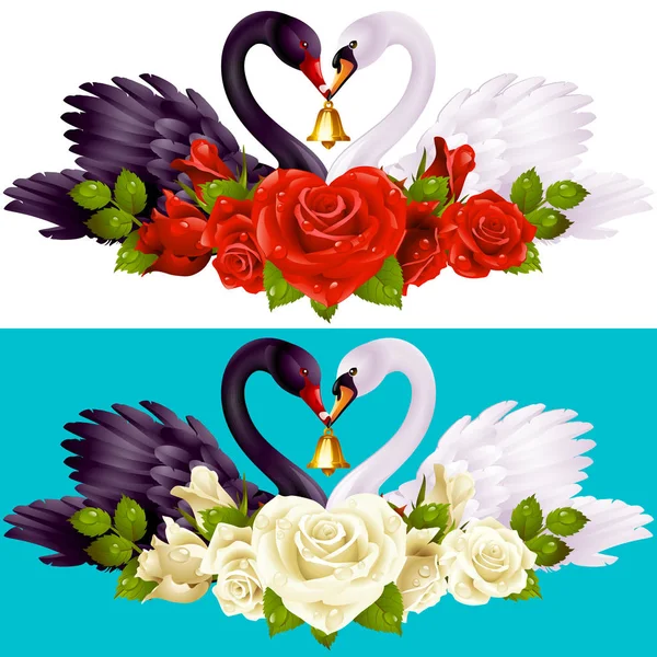 Conjunto de Vectores de Cisne Pareja y Rosas — Vector de stock