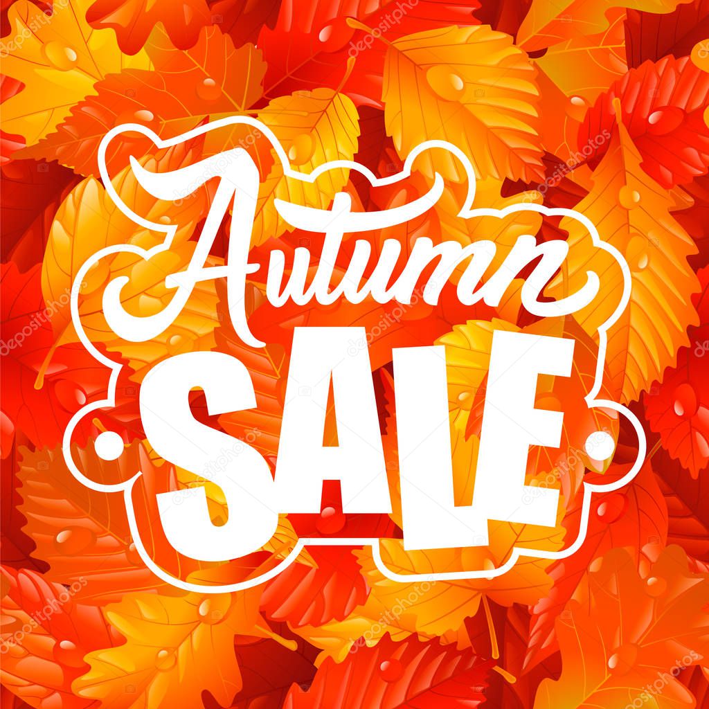 Lettering of Autumn Sale Text and Fall Leaves Seamless Pattern. Vector Illustration