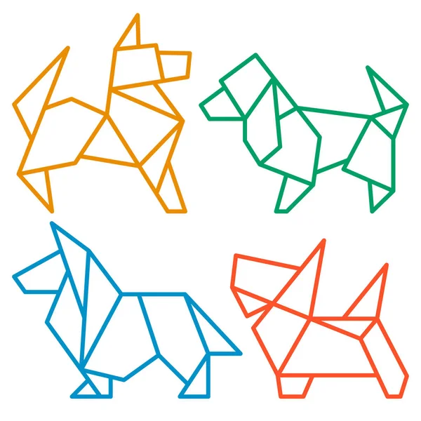 折り紙犬アイコンを設定します 抽象の低ポリ ペット犬品種記号シルエットの白で隔離 紙を折るアート エンブレムをフリーハンド描画されます 幾何学的なロゴのデザインのテンプレート 2018 旧正月シンボル — ストックベクタ
