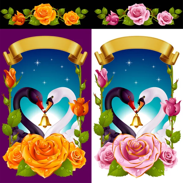 Set de cisnes y rosas — Vector de stock