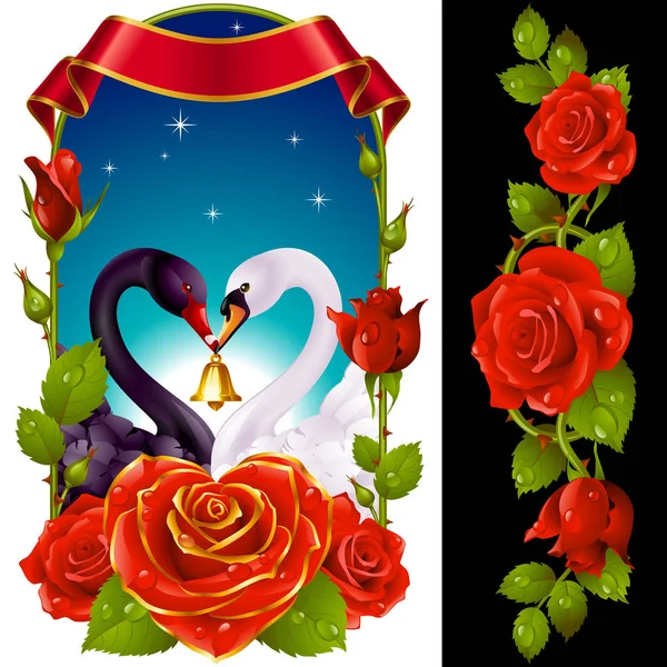Cygnes et Roses rouges — Image vectorielle