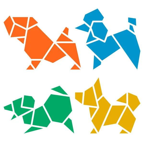 Vector Origami Hund Ikonuppsättning Abstrakta Låg Poly Hund Rasen Sign — Stock vektor