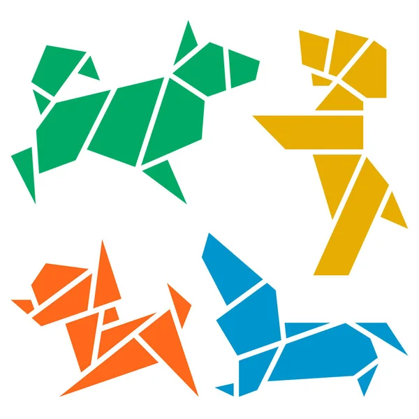 Vector Origami Cães Ícone Set Abstrato Baixo Poly Pet Dog — Vetor de Stock