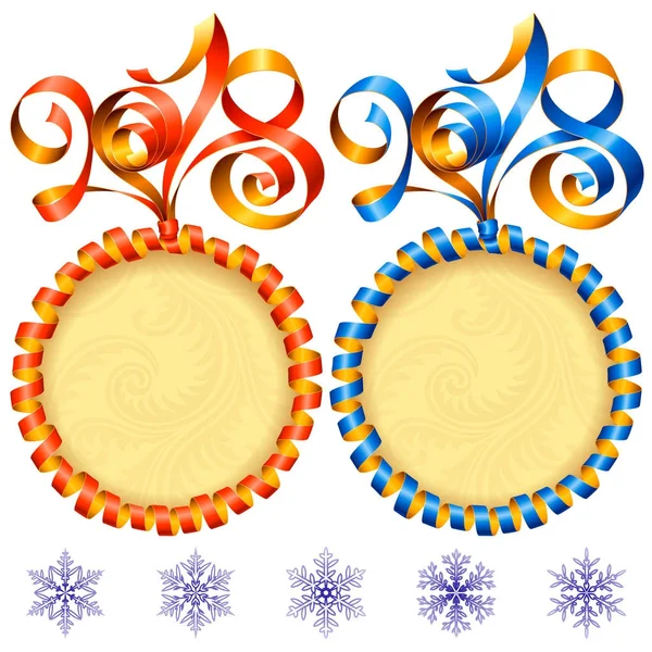 2018丝带刻字和圆形框架设置为新年贺卡或党的邀请 红色和蓝色的节日符号和雪花孤立在白色的背景 矢量插图 图库插图