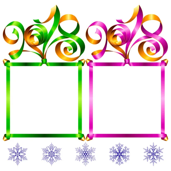2018丝带刻字和方形框架设置为新年贺卡或党的邀请 红色和蓝色的节日符号和雪花孤立在白色的背景 矢量插图 免版税图库插图