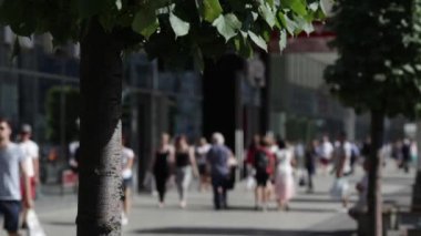 İnsanlar sokakta yürürken. Sokakta insanlar yürüyüş kalabalık. Yaz güneşli gün, insanlar sokakta yazlık giysiler giymiş. Ön plan, yeşil ağaçlar içinde odak içinde değil. İnsanlar sokakta yürürken.