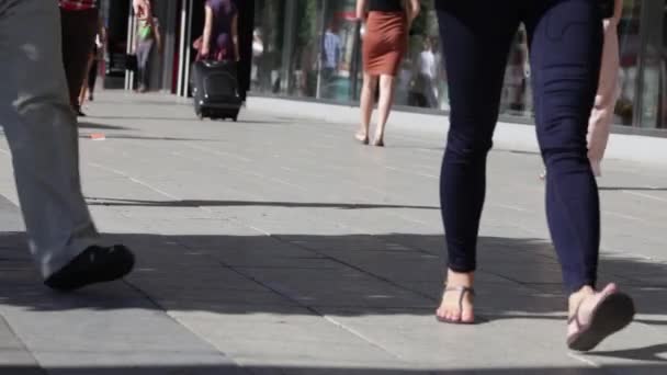 Crowd of people walk on the street. Summer sunny day, people on the street dressed in summer clothes. In the foreground, green trees. People walk down the street. Girlfriends looking at bikini on shop display in the city. Warsaw 06.02.2015 — Stock Video